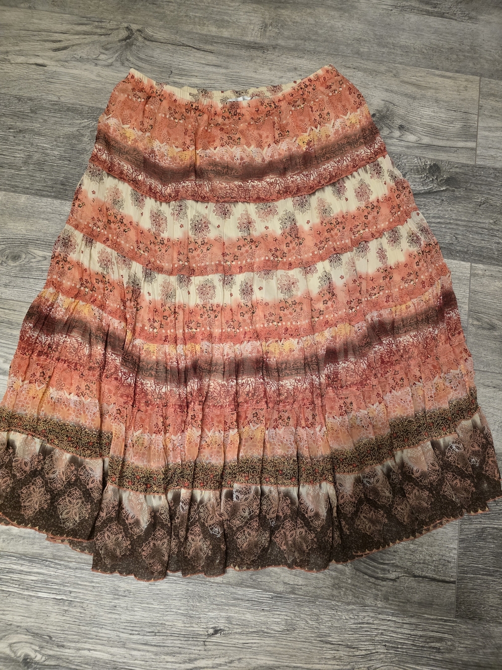 Christopher & Banks Women’s Large Boho Floral Tiered Maxi Skirt Coral Brown